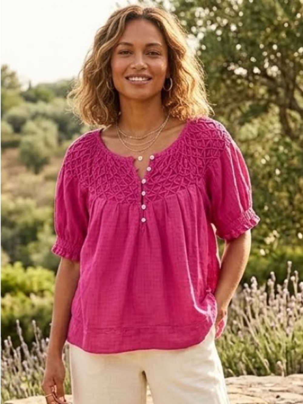 Sundance Women’s Smocked Yoke Peasant Top - Fuchsia Pink Size Medium